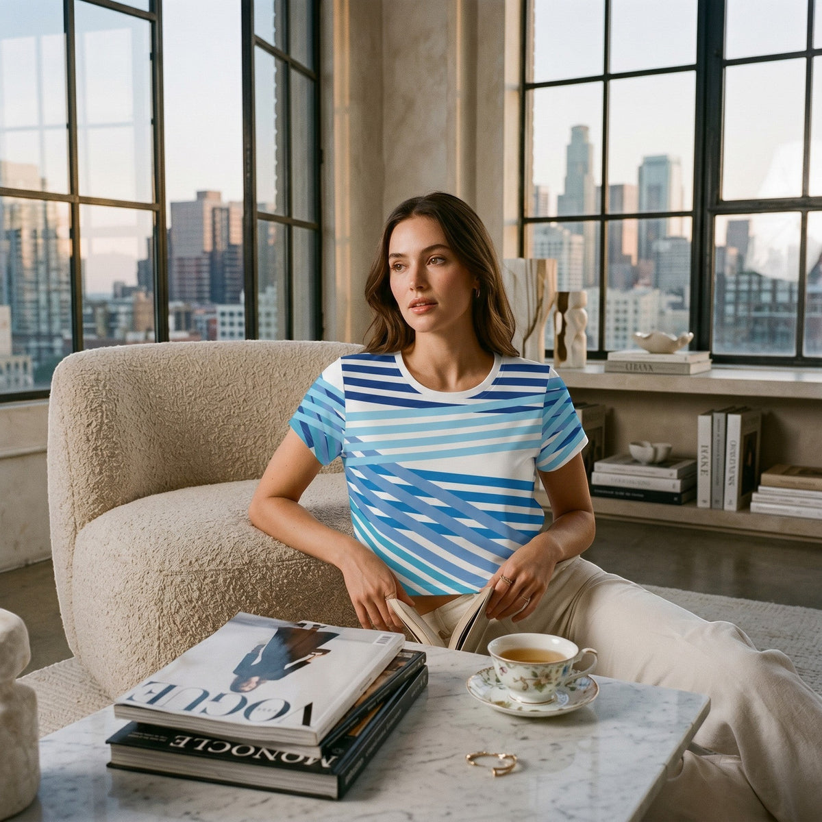 Good Wishes 365 blue and white striped short sleeve crop tee worn by a woman in a modern living room setting.