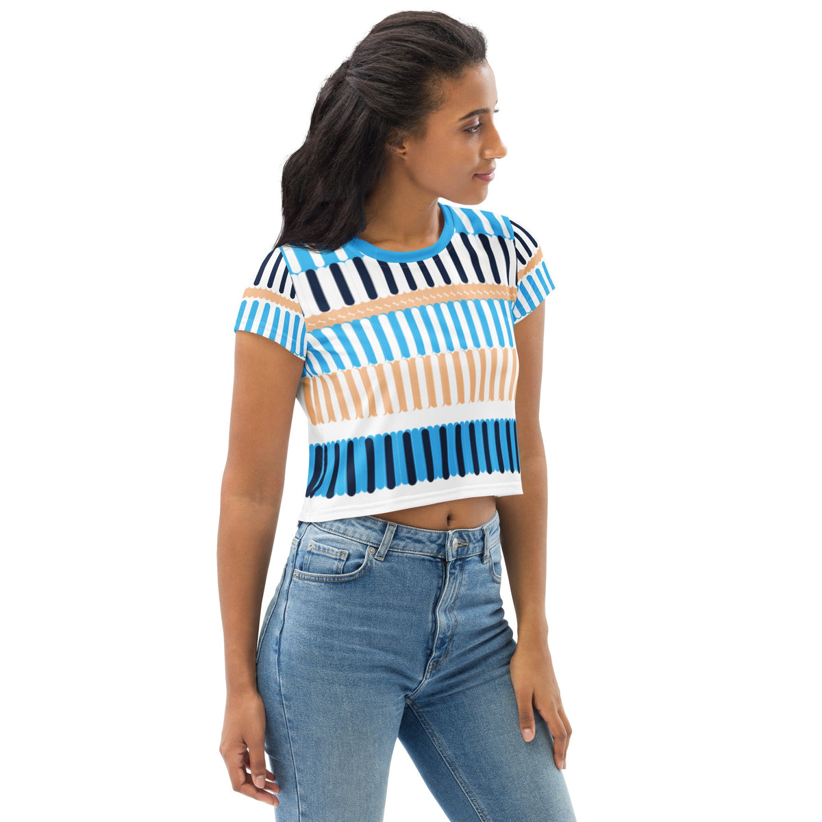 Good Wishes 365 crop tee with blue, navy, and sand vertical stripe print worn by a woman with jeans