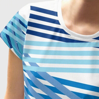 Good Wishes 365 blue and white striped short sleeve crop tee with a geometric pattern and crew neckline