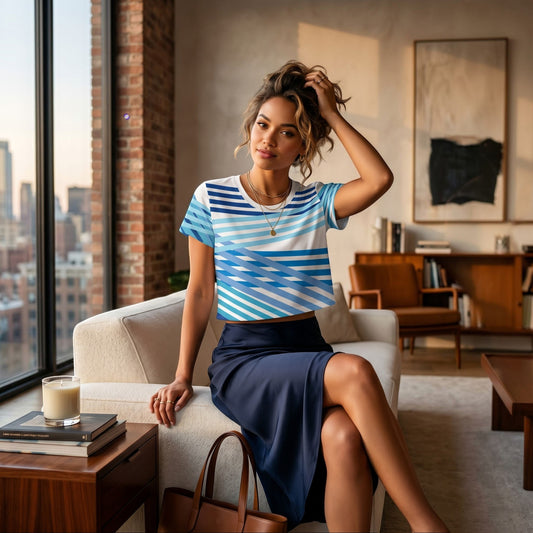 Good Wishes 365 blue and white striped short sleeve crop tee worn by a woman sitting on a sofa in a modern apartment.