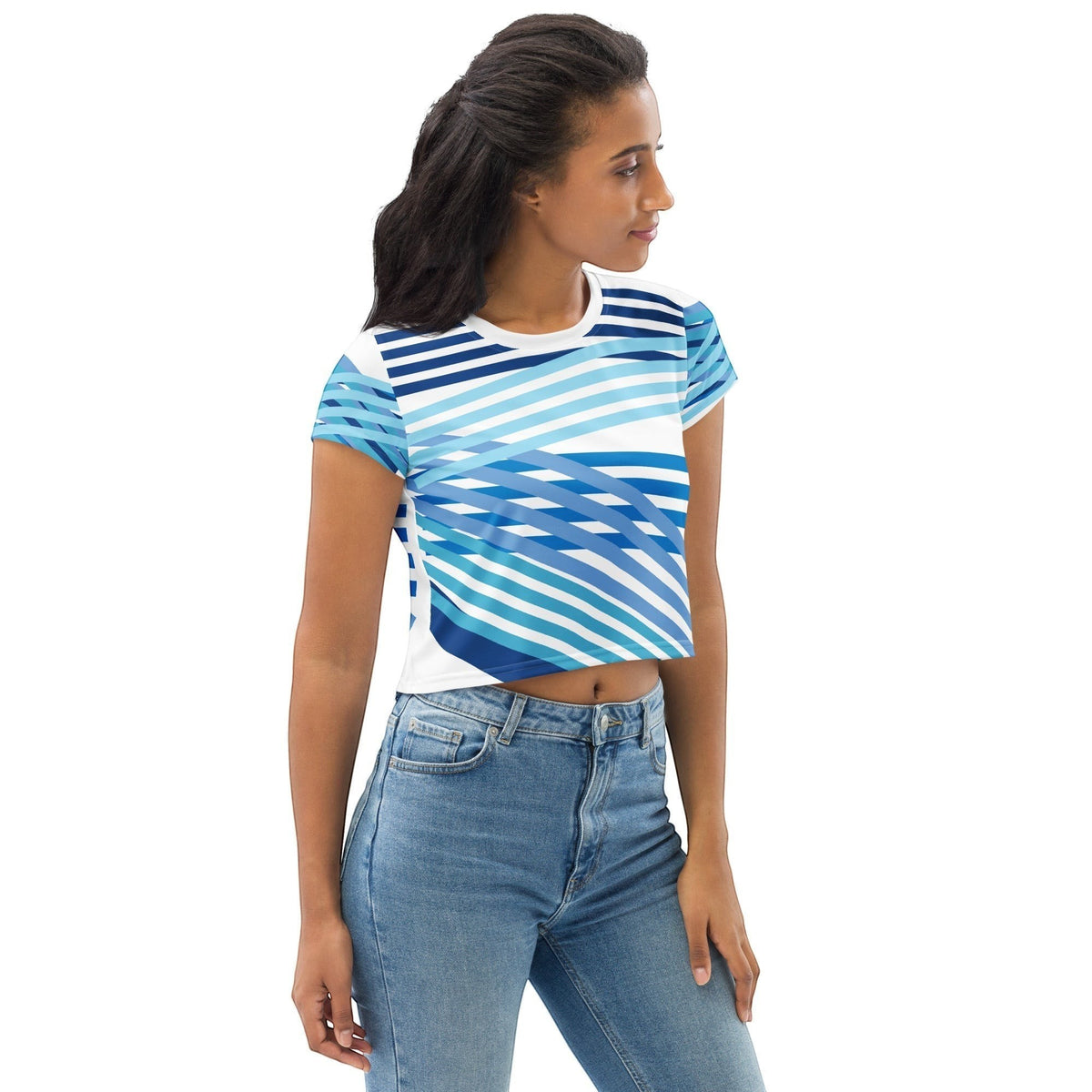 Good Wishes 365 blue and white striped short sleeve crop top worn by a model with jeans