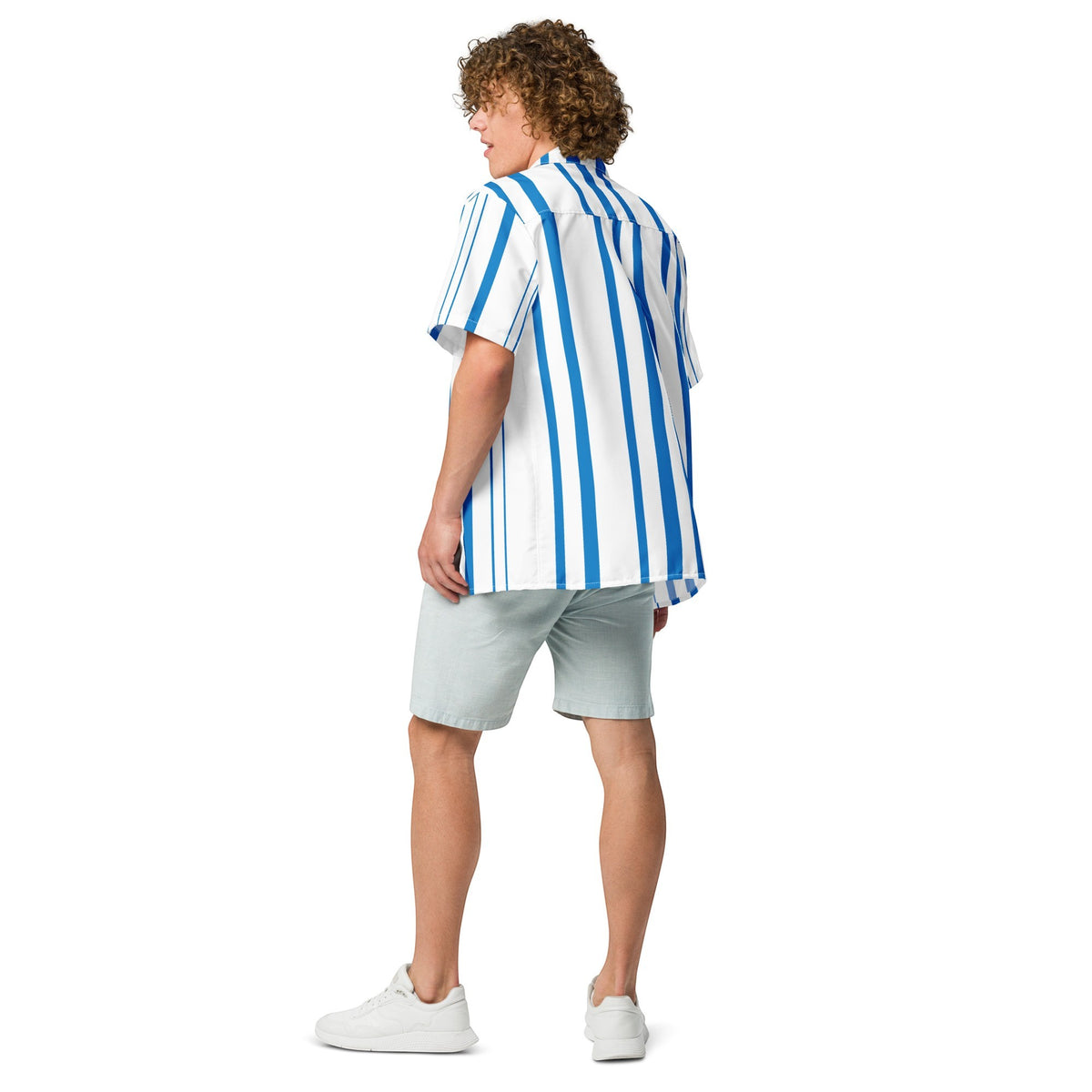 Good Wishes 365 men's oversized short sleeve shirt with navy blue vertical stripes on white, back view on a model.