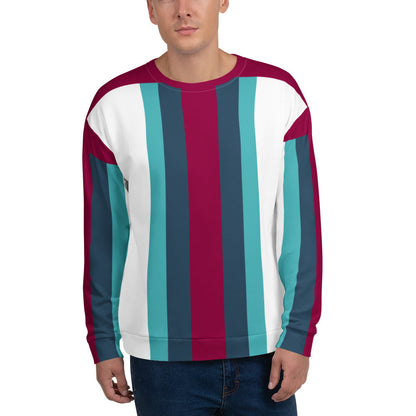 Good Wishes 365 recycled unisex sweatshirt featuring a vertical stripe pattern in burgundy, cello blue, and white.