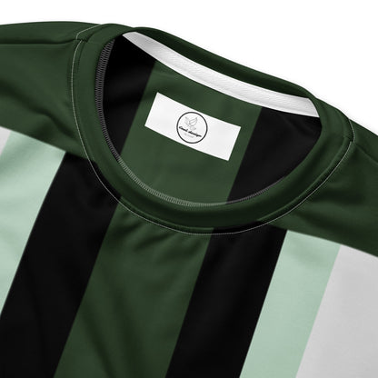 Good Wishes 365 recycled unisex sweatshirt featuring a dark forest green, black, and mint vertical stripe pattern.
