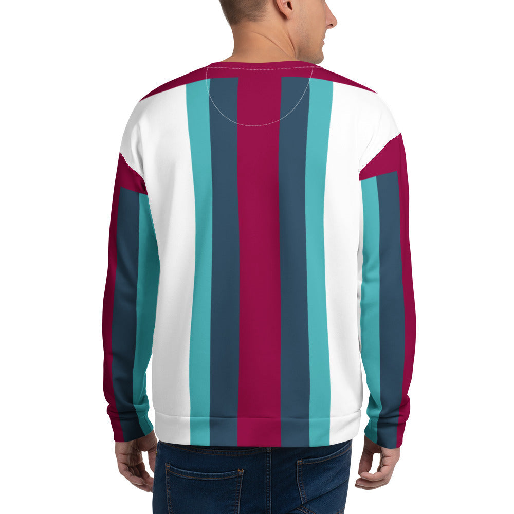 Good Wishes 365 unisex recycled sweatshirt with burgundy, cello blue, and white vertical stripes, back view.