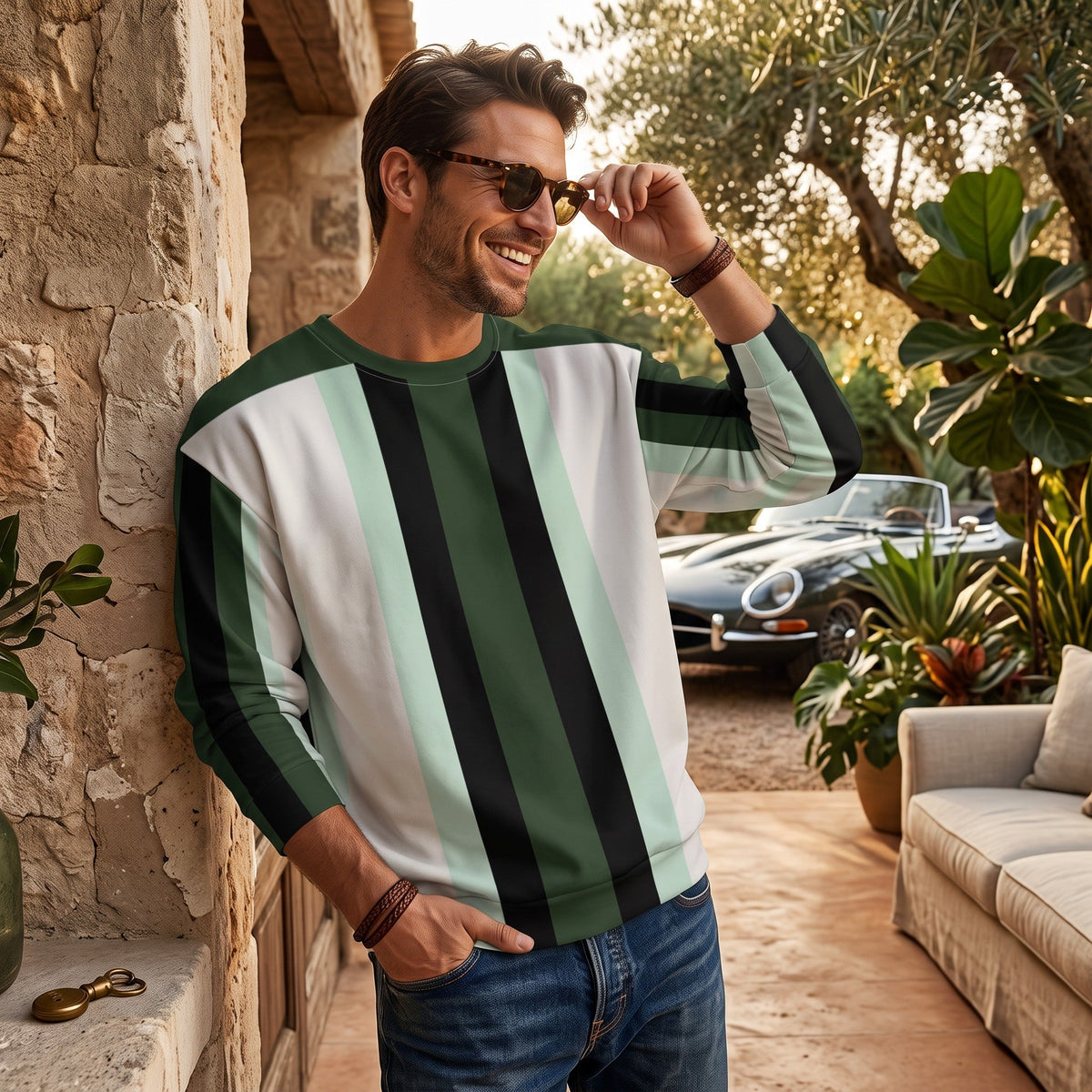Good Wishes 365 unisex recycled sweatshirt with dark forest green, white, and mint vertical stripes on a smiling man