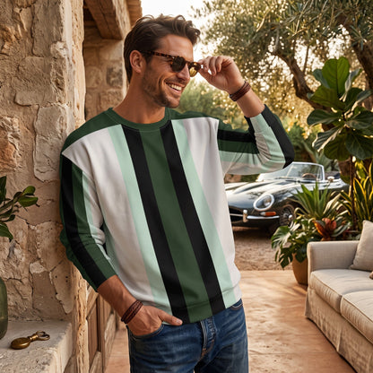 Good Wishes 365 unisex recycled sweatshirt with dark forest green, white, and mint vertical stripes on a smiling man