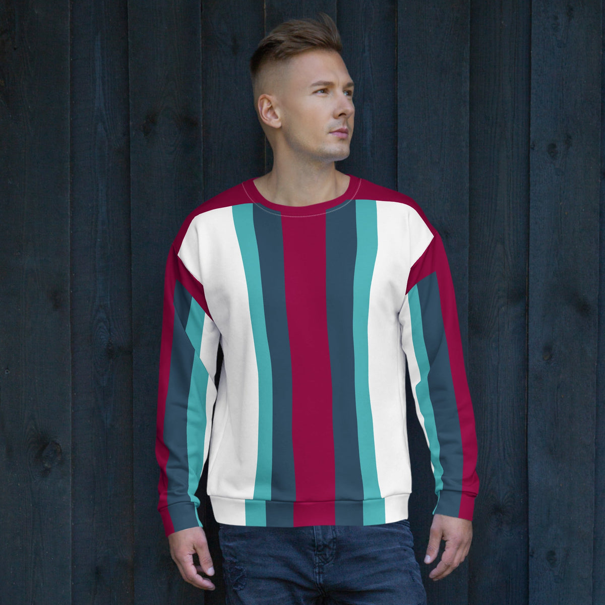Good Wishes 365 recycled unisex sweatshirt with burgundy, cello blue, and white vertical stripes on a male model