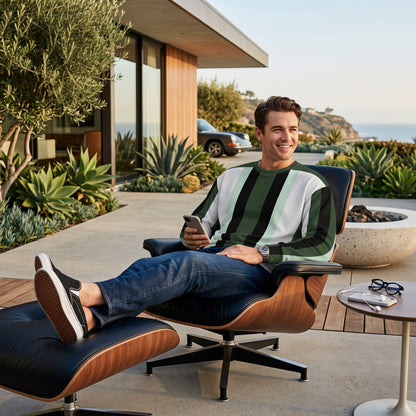 Good Wishes 365 unisex crew neck sweatshirt with dark forest green and mint vertical stripes worn by a man outdoors.