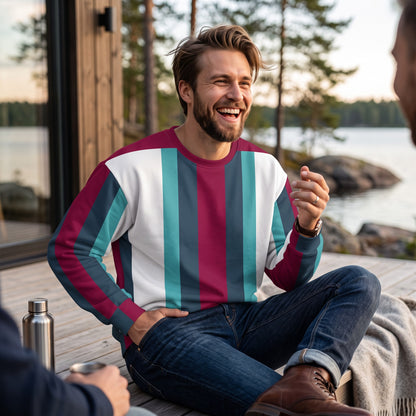 Good Wishes 365 recycled unisex sweatshirt with burgundy, cello blue, and white vertical stripes on a smiling man