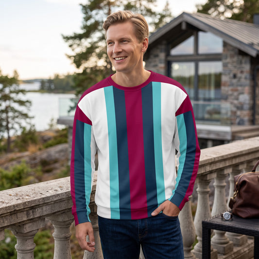 Good Wishes 365 men's recycled crew neck sweatshirt with vertical stripes in burgundy, cello blue, and white.