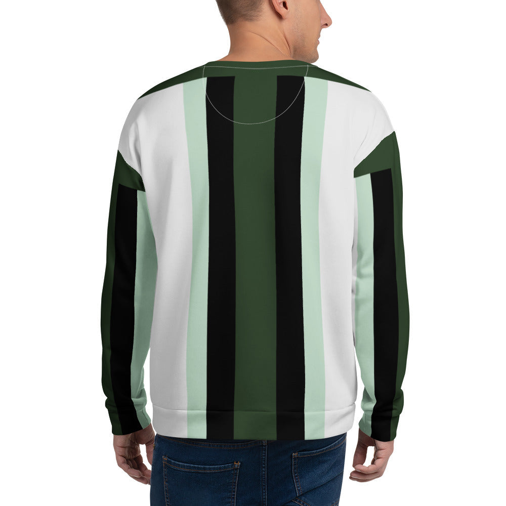 Back view of a Good Wishes 365 recycled unisex sweatshirt featuring a vertical stripe pattern in forest green and mint