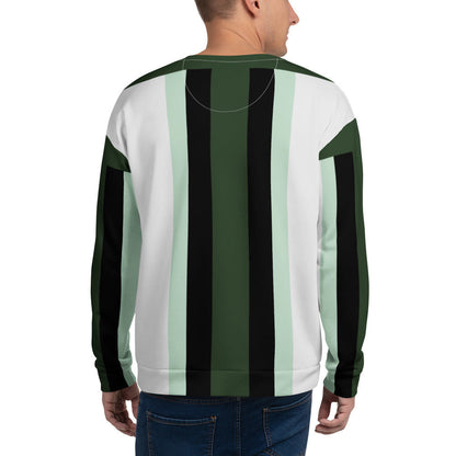 Back view of a Good Wishes 365 recycled unisex sweatshirt featuring a vertical stripe pattern in forest green and mint
