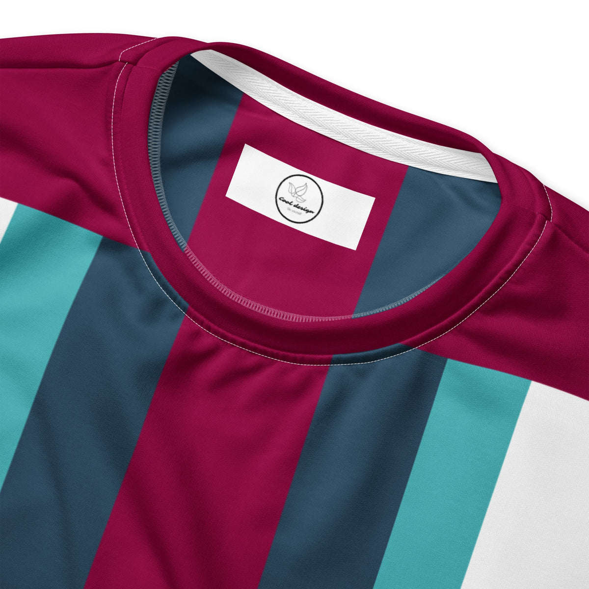 Good Wishes 365 recycled unisex sweatshirt featuring a burgundy, cello blue, and white vertical athletic stripe pattern.