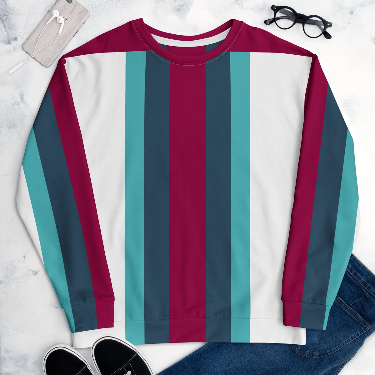 Good Wishes 365 recycled unisex sweatshirt with a vertical stripe pattern in burgundy, cello blue, and white.