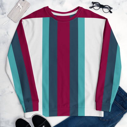 Good Wishes 365 recycled unisex sweatshirt with a vertical stripe pattern in burgundy, cello blue, and white.
