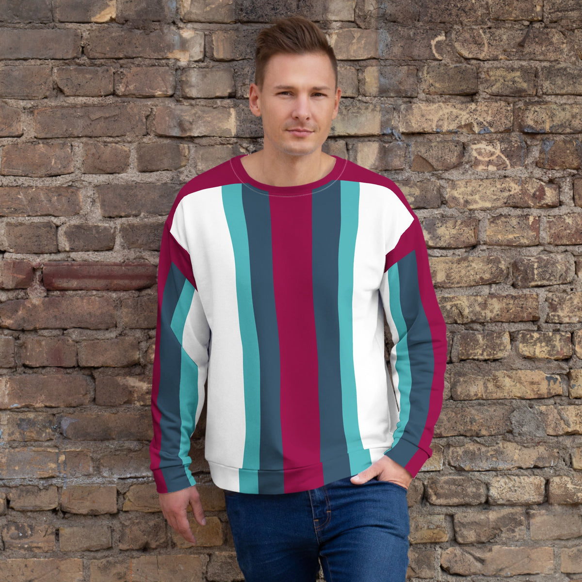 Good Wishes 365 recycled unisex sweatshirt with burgundy, cello blue, and white vertical stripes on a man