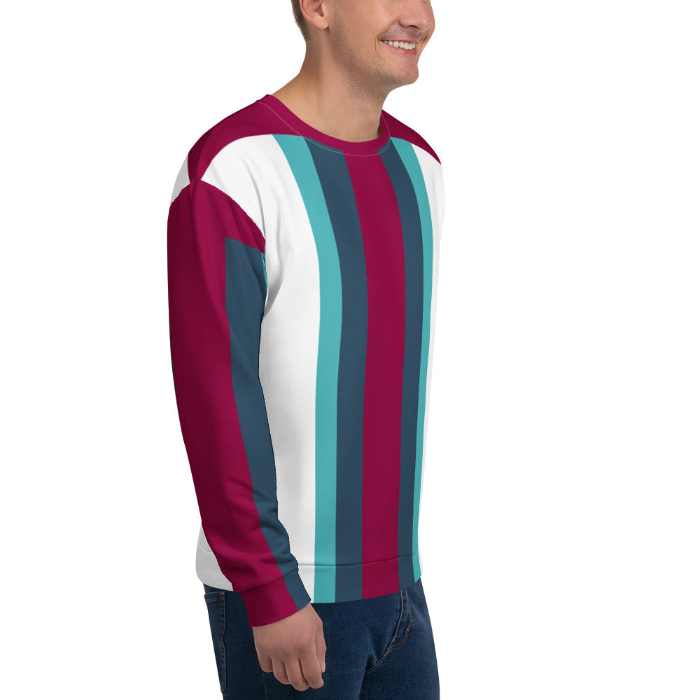 Good Wishes 365 recycled unisex sweatshirt featuring a vertical stripe pattern in burgundy, cello blue, and white.