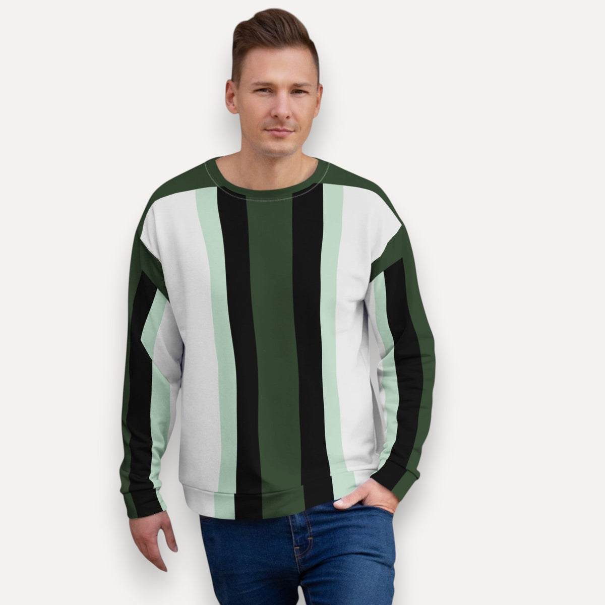 Good Wishes 365 unisex recycled sweatshirt with dark forest green, white, and mint vertical stripes on a male model