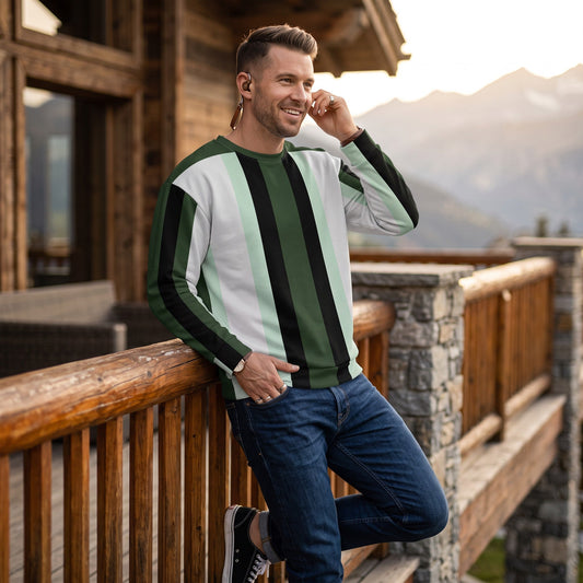 Good Wishes 365 unisex recycled sweatshirt with dark forest green, white, and mint vertical stripes on a man outdoors