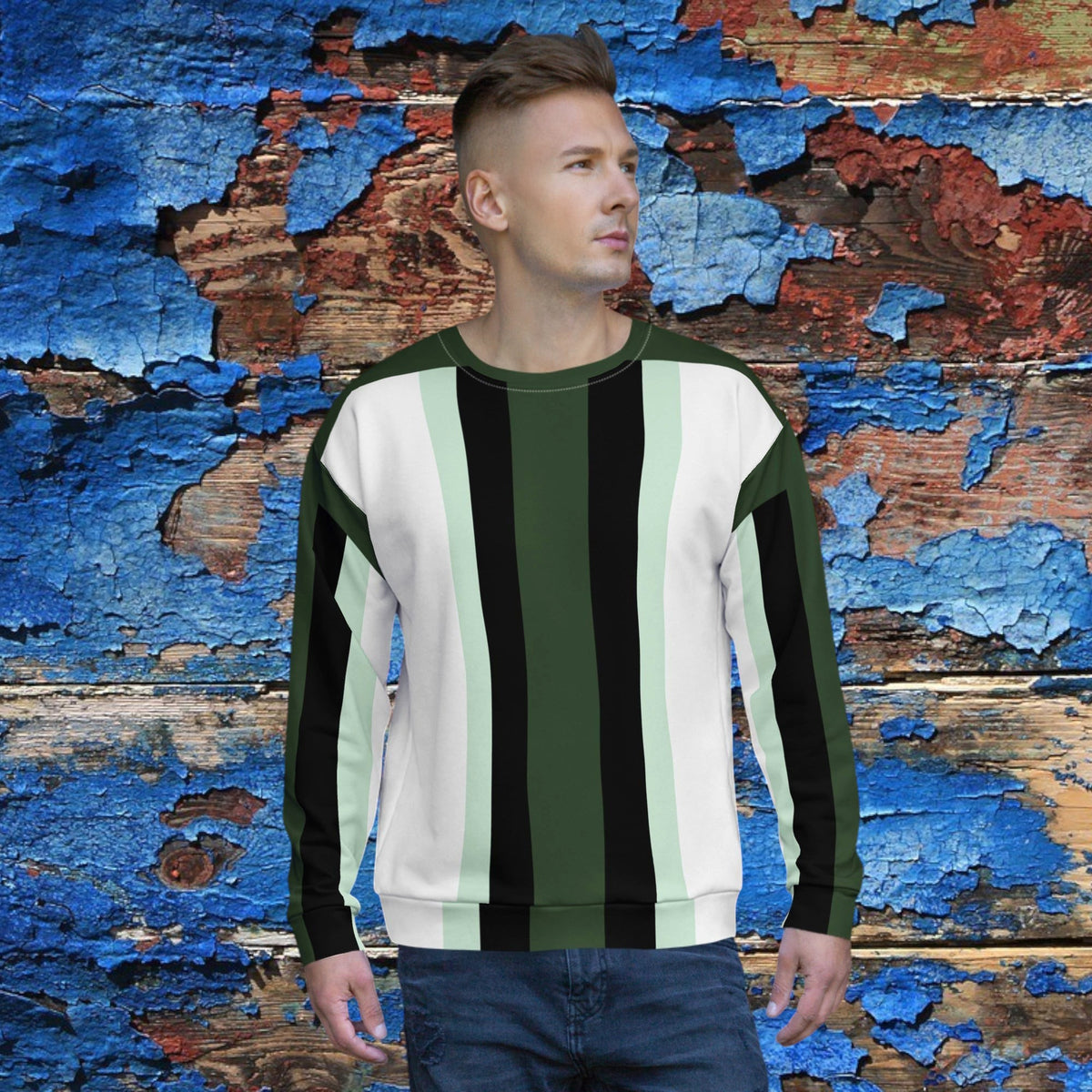 Good Wishes 365 unisex recycled sweatshirt with dark forest green, white, and mint vertical stripes on a man