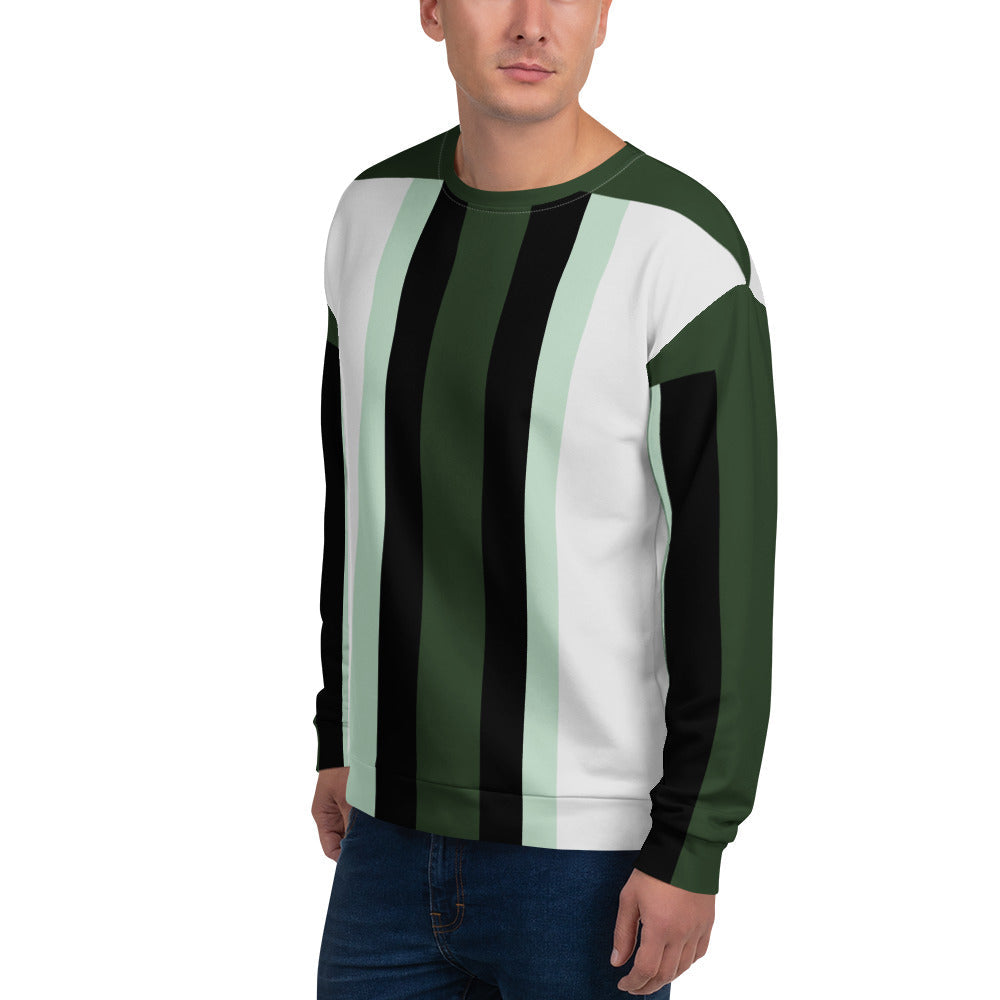 Good Wishes 365 unisex recycled sweatshirt with dark forest green, white, and mint vertical athletic stripes