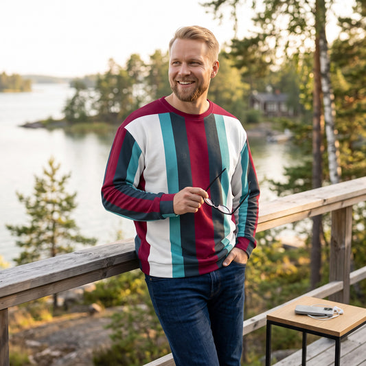Good Wishes 365 recycled unisex sweatshirt with burgundy, cello blue, and irish blue vertical stripes on a man