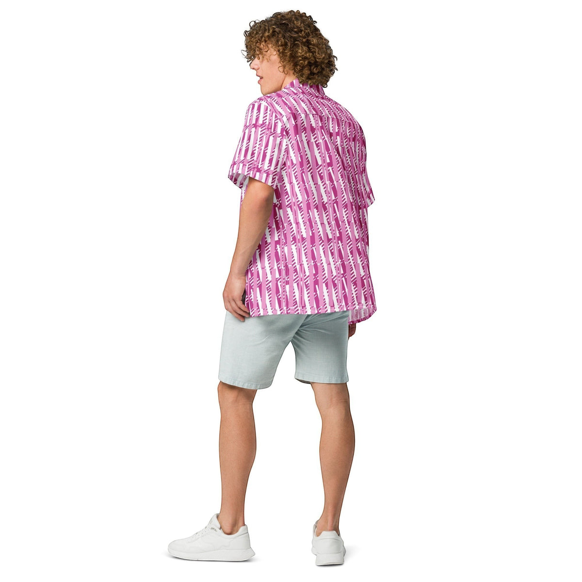 Good Wishes 365 men's red-violet and white vertical striped short sleeve camp collar shirt worn with light grey shorts