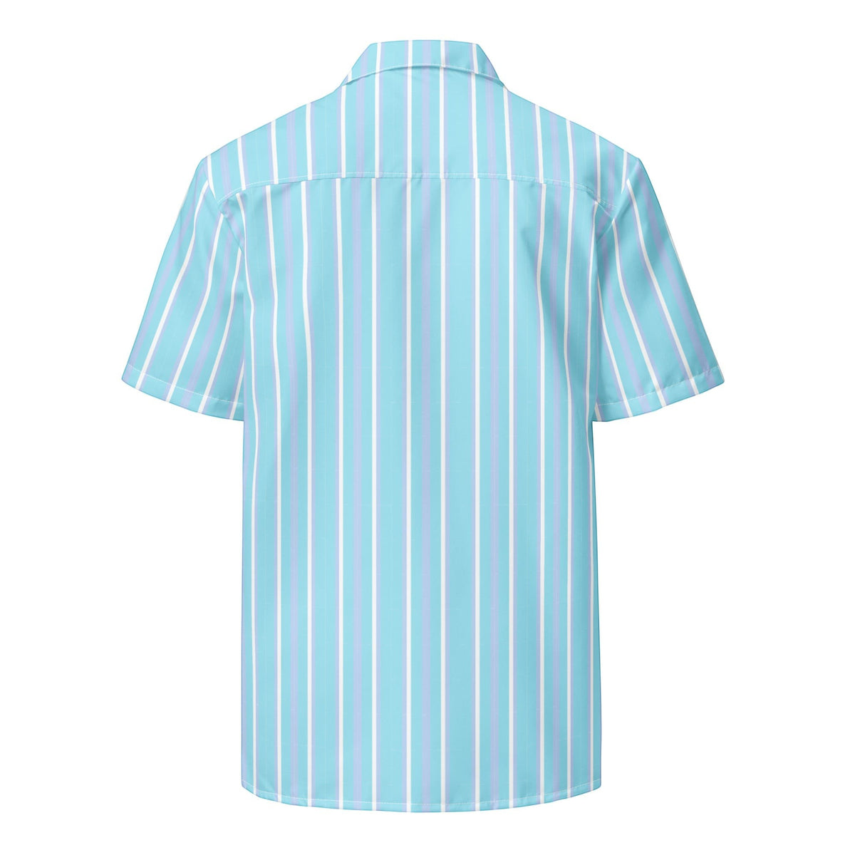 Back view of Good Wishes 365 light blue and white vertical striped short sleeve button-up shirt with UPF50+ fabric.
