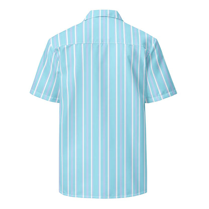 Back view of Good Wishes 365 light blue and white vertical striped short sleeve button-up shirt with UPF50+ fabric.