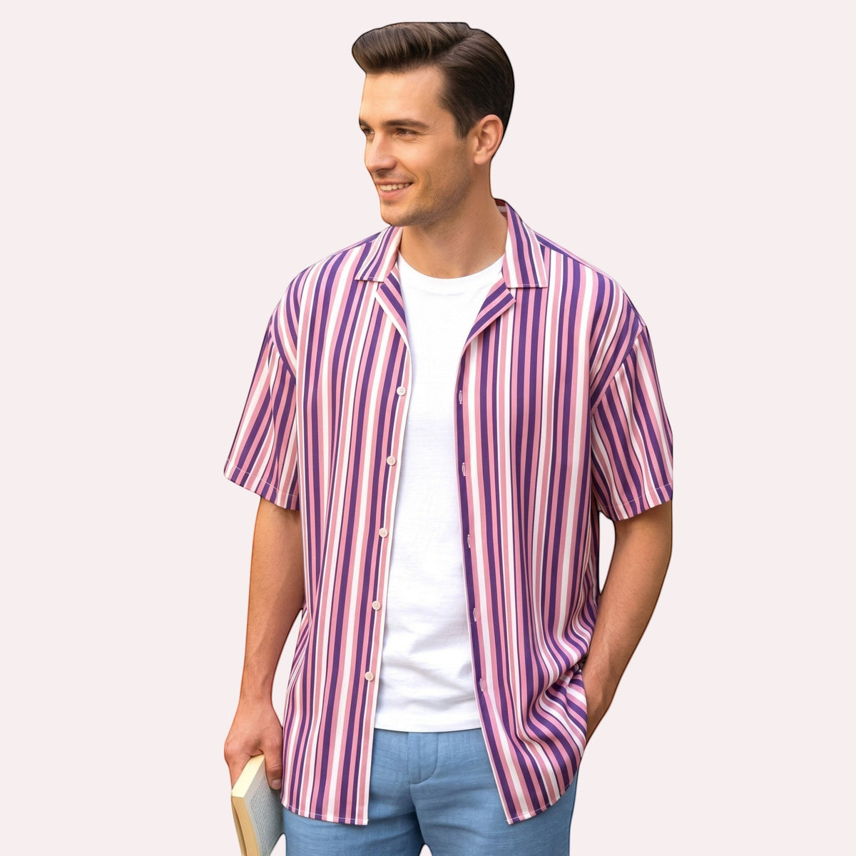 Good Wishes 365 Men's purple, pink, and white striped short sleeve button-up shirt. Oversized fit, made from recycled polyester.