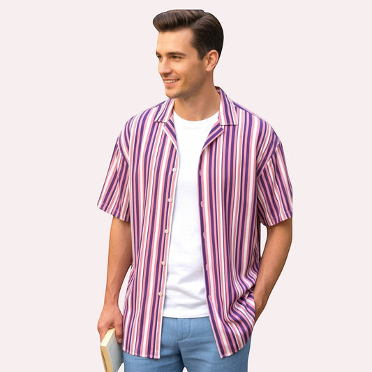 Good Wishes 365 Men's purple, pink, and white striped short sleeve button-up shirt. Oversized fit, made from recycled polyester.