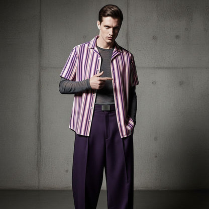 Good Wishes 365 Men's purple, pink, and white striped short sleeve button-up shirt. Oversized fit, made from recycled polyester.