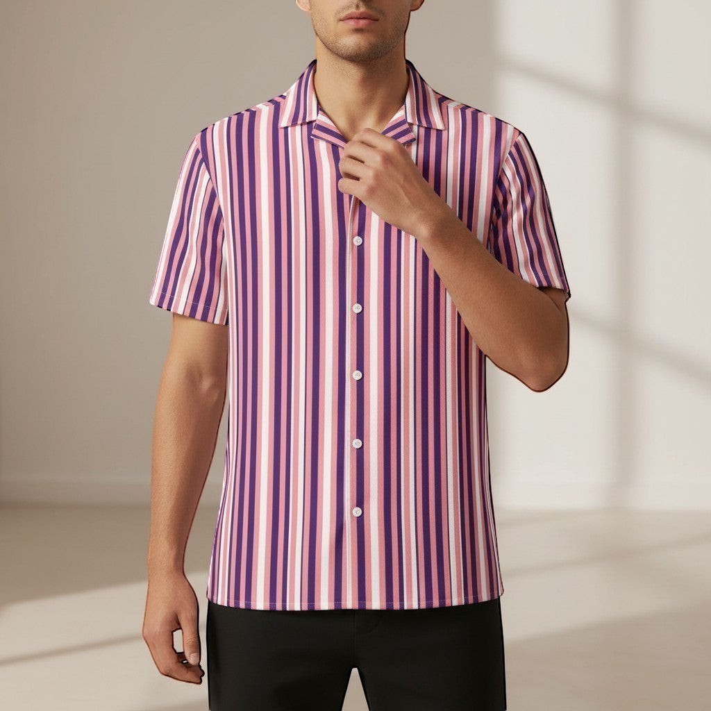 Good Wishes 365 Men's purple, pink, and white striped short sleeve button-up shirt. Oversized fit, made from recycled polyester.