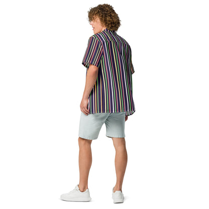 Good Wishes 365 multicolor striped short sleeve button-up shirt with UPF50+ protection worn by a man from behind