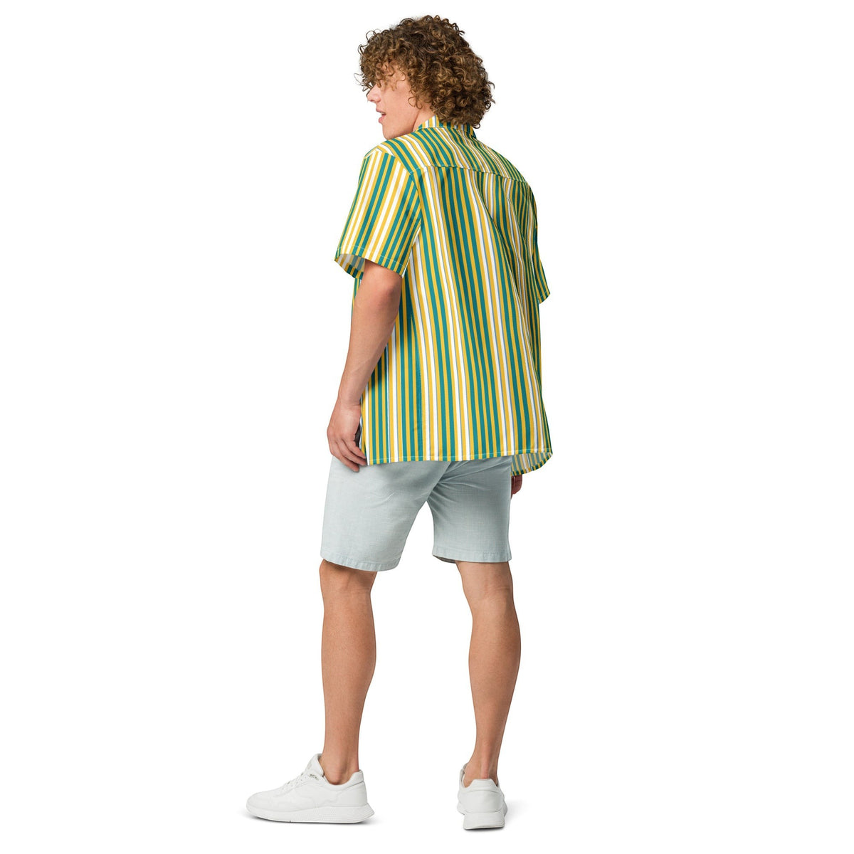 Good Wishes 365 men's oversized short sleeve button shirt with yellow, blue, and white vertical stripes on a model.