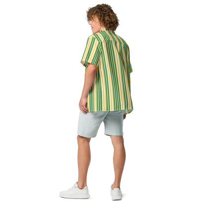 Good Wishes 365 men's oversized short sleeve button shirt with yellow, blue, and white vertical stripes on a model.