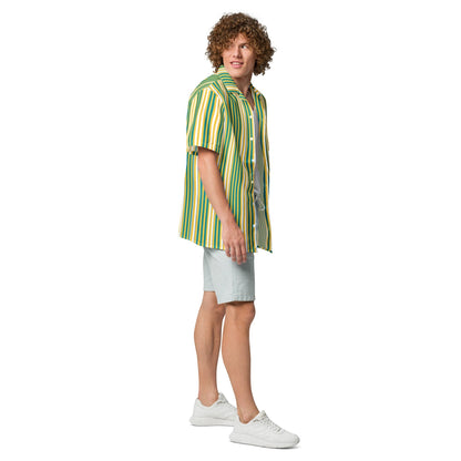 Good Wishes 365 men's yellow and blue vertical striped short sleeve camp collar shirt worn with light grey shorts