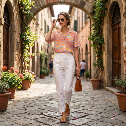 Good Wishes 365 multicolor striped short sleeve button-up shirt worn with white trousers on a cobblestone street.