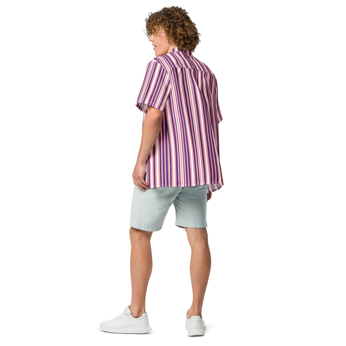 Good Wishes 365 men's purple and pink vertical striped short sleeve camp collar shirt worn with light shorts