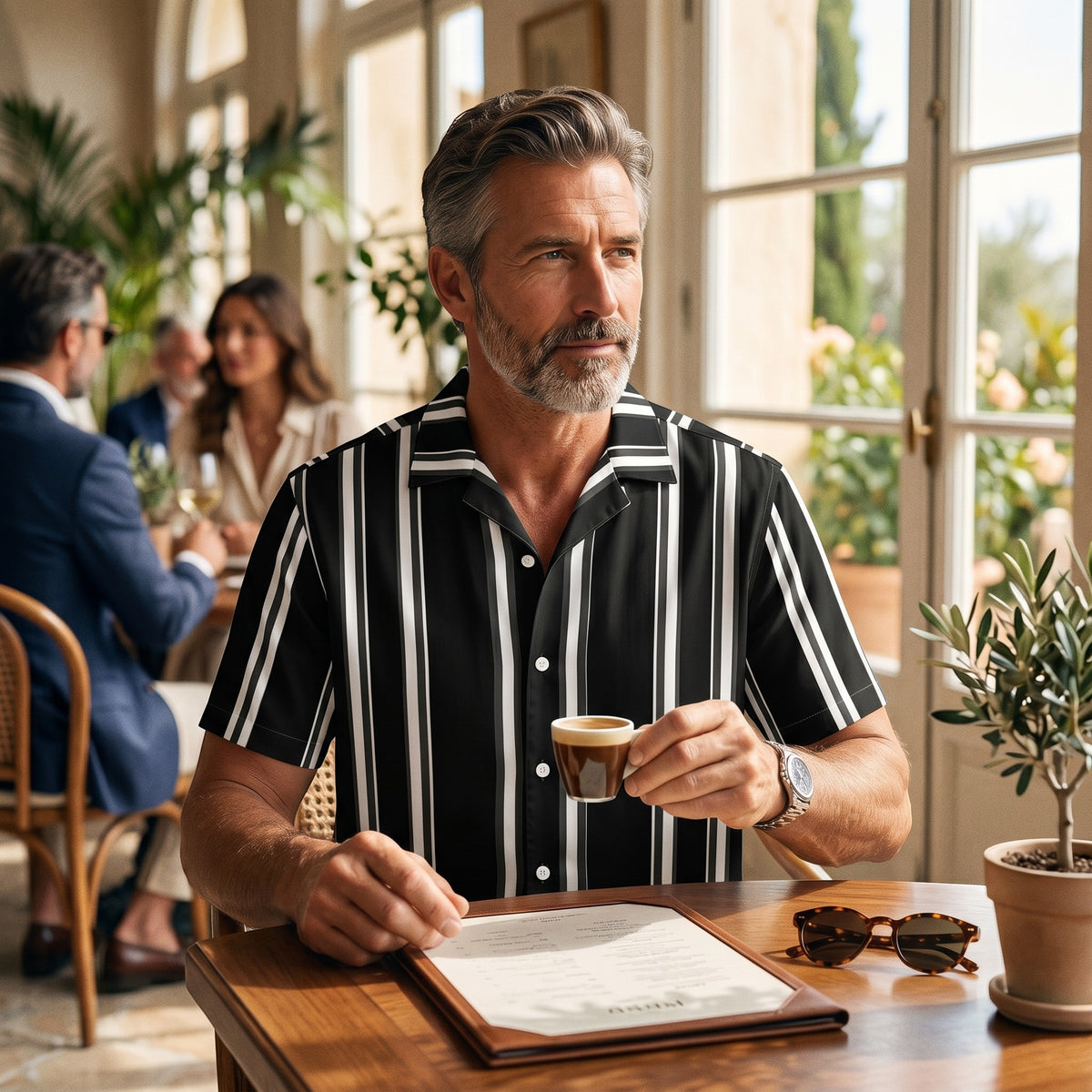 Good Wishes 365 black and white vertical striped short sleeve button-up shirt with a camp collar on a man at a cafe.