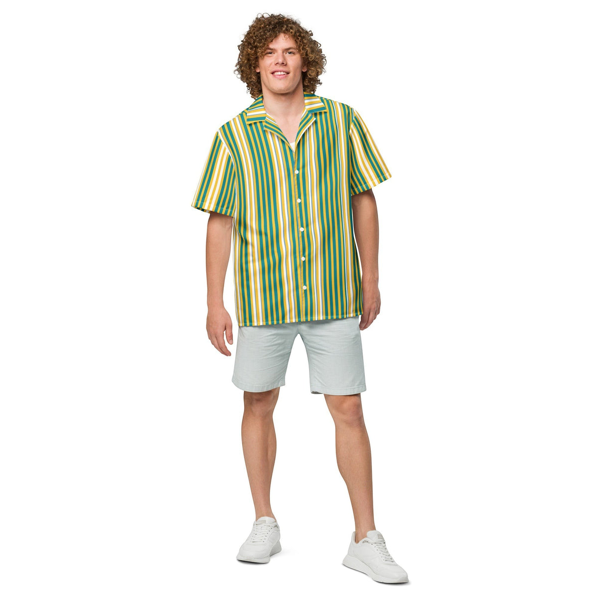 Good Wishes 365 men's yellow and blue vertical striped short sleeve camp collar shirt with light grey shorts