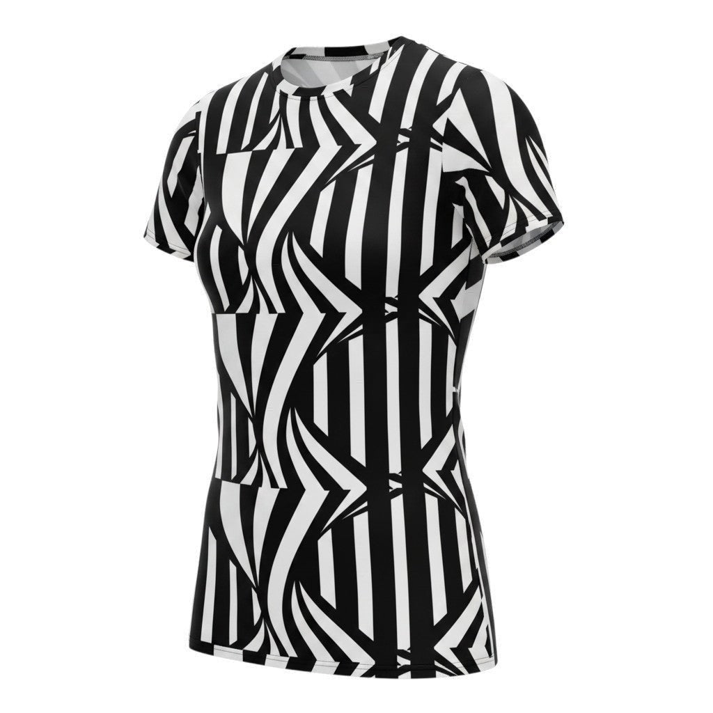 Good Wishes 365 black and white striped t-shirt dress with an abstract optical illusion pattern. Comfortable oversize fit.