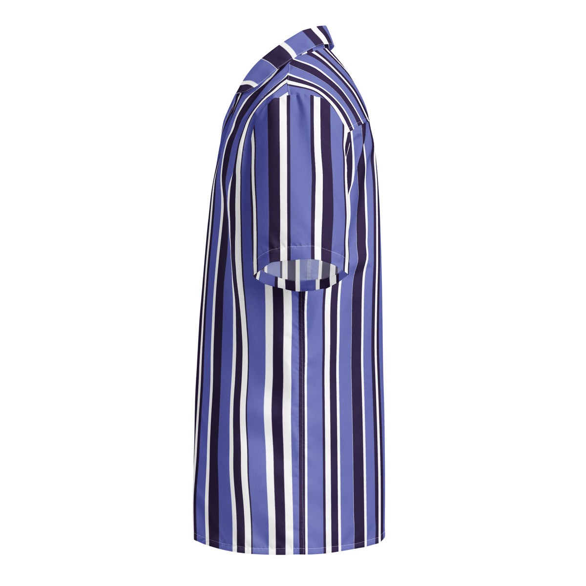 Good Wishes 365 unisex oversized button shirt in blue, white, and navy vertical stripes made of moisture-wicking fabric
