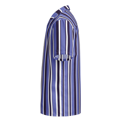 Good Wishes 365 unisex oversized button shirt in blue, white, and navy vertical stripes made of moisture-wicking fabric