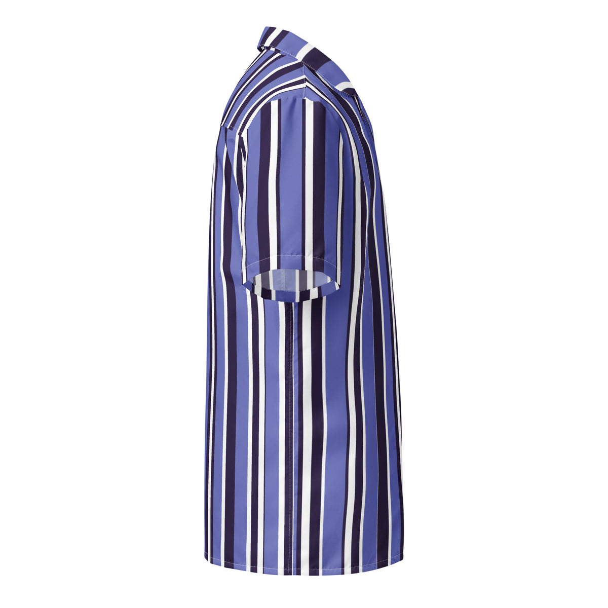 Good Wishes 365 unisex oversized button shirt in blue, white, and dark navy vertical stripes, moisture-wicking fabric.