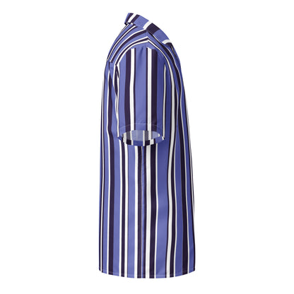 Good Wishes 365 unisex oversized button shirt in blue, white, and dark navy vertical stripes, moisture-wicking fabric.