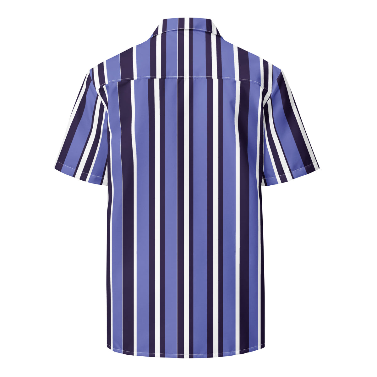 Good Wishes 365 oversized unisex button shirt in blue, navy, and white vertical stripes, made of recycled polyester.
