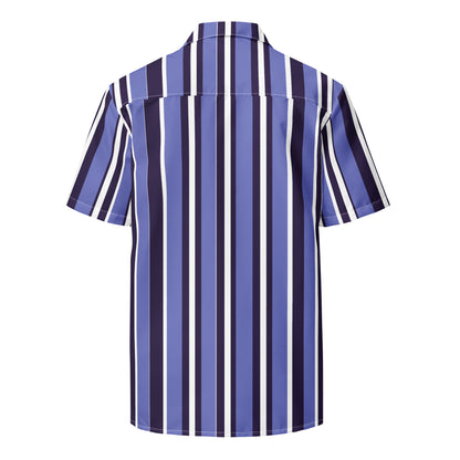 Good Wishes 365 oversized unisex button shirt in blue, navy, and white vertical stripes, made of recycled polyester.
