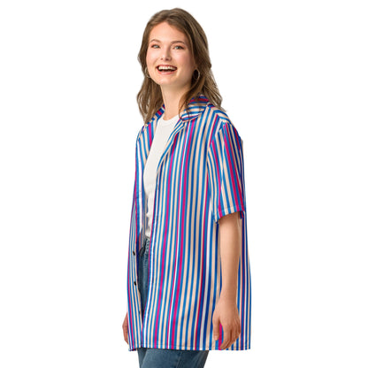 Good Wishes 365 unisex short sleeve button shirt with navy, pink, and light blue vertical stripes on a smiling model